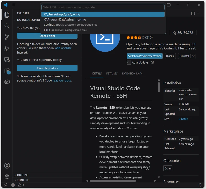 VS Code에서 갱신할 SSH Configuration File을 선택하는 화면으로 Windows 계정명이 포함된 설치 경로가 표시된 상태