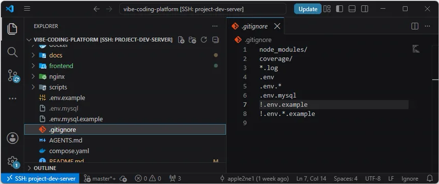 VS Code 편집기에서 backend 환경 파일을 제외하고 예시 파일만 추적하는 gitignore 규칙을 확인한 화면