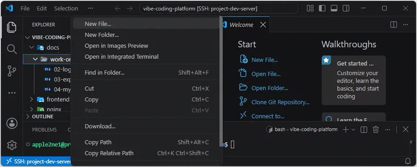 VS Code Explorer에서 work-orders 폴더의 바로 가기 메뉴를 열고 New File을 선택하는 화면