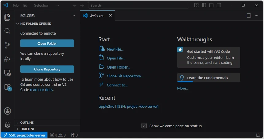 VS Code로 project-dev-server에 SSH 연결한 뒤 Explorer에서 Open Folder 버튼을 확인하는 화면