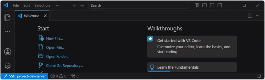 VS Code 왼쪽 아래 상태 표시줄에 SSH project-dev-server가 표시되어 Linux 서버 원격 연결이 완료된 화면