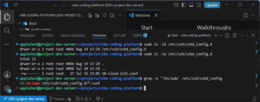 VS Code 터미널에서 SSH 설정 조각 폴더와 기존 설정 파일을 조회하고 sshd_config의 Include 설정을 확인한 화면