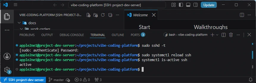VS Code 터미널에서 SSH 설정 문법을 검사하고 서비스를 재로드한 뒤 active 상태를 확인한 화면