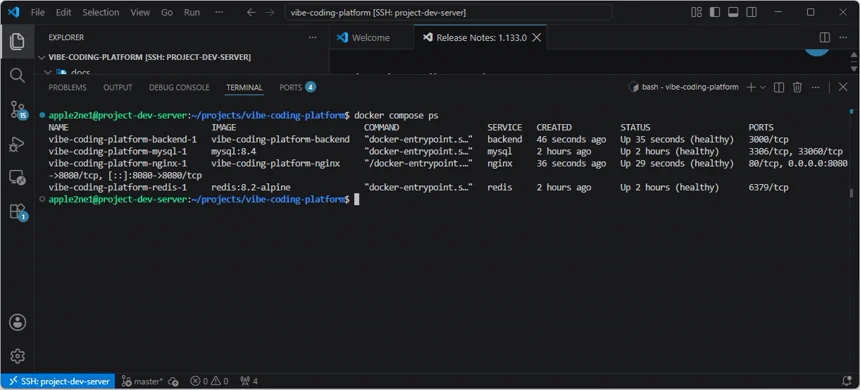 VS Code 원격 터미널에서 docker compose ps로 백엔드와 MySQL 및 Nginx와 Redis의 실행 상태와 공개 포트를 확인한 화면