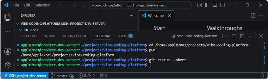 VS Code 원격 터미널에서 프로젝트 경로와 Git 상태를 확인한 화면
