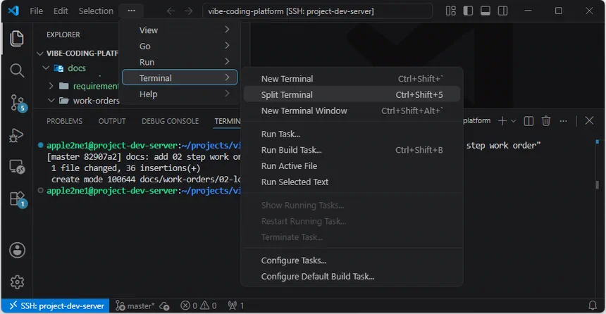 VS Code의 Terminal 메뉴에서 New Terminal 항목을 선택해 새 터미널을 열려는 화면