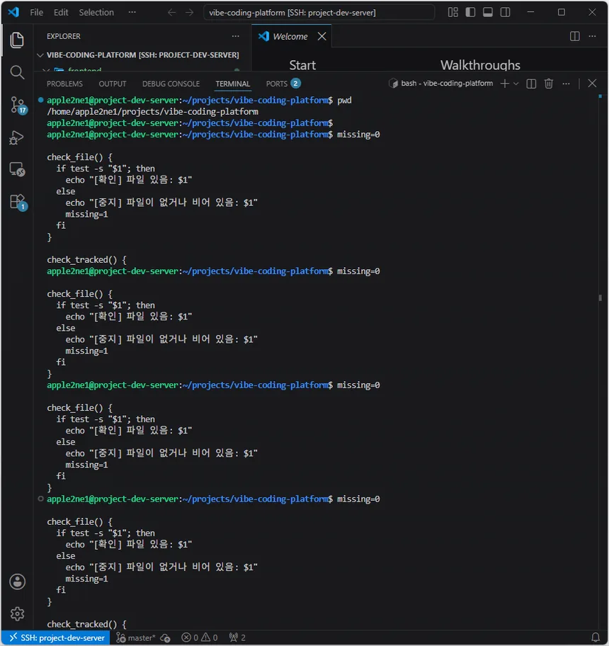 VS Code 원격 터미널에서 02단계 준비 상태를 자동으로 확인하는 셸 함수와 검사 명령을 입력하는 과정