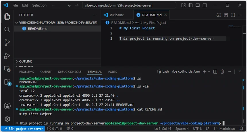 VS Code 원격 터미널에서 ls, ls -la와 cat README 점 md를 실행해 저장된 파일과 내용을 확인한 화면