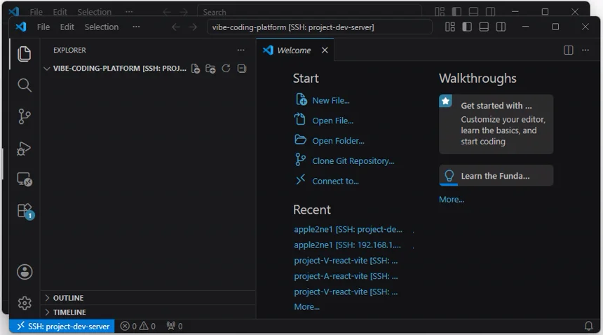 VS Code에서 vibe-coding-platform 폴더를 열어 Explorer에 프로젝트 이름이 표시된 화면