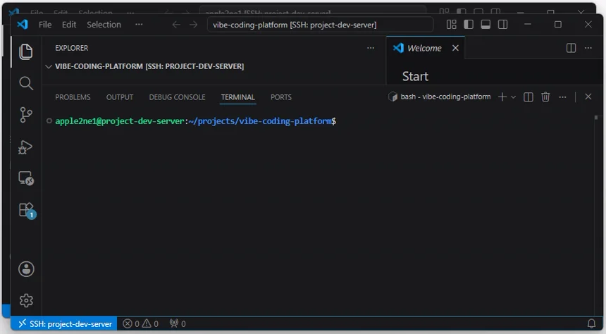 code 점 명령 실행 후 VS Code 새 원격 창에서 vibe-coding-platform 프로젝트 폴더가 열린 화면