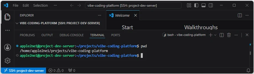 VS Code 새 원격 터미널에서 pwd로 vibe-coding-platform 프로젝트 루트를 확인한 결과