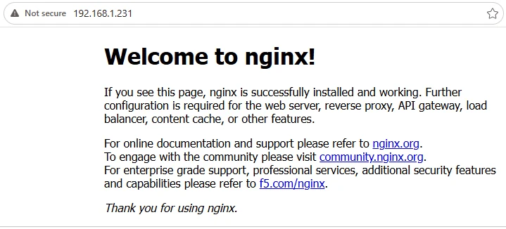Windows 관리 PC의 웹 브라우저에서 포트 번호 없이 Linux 서버의 192.168.1.231 주소로 접속하여 Nginx 기본 페이지를 확인한 화면