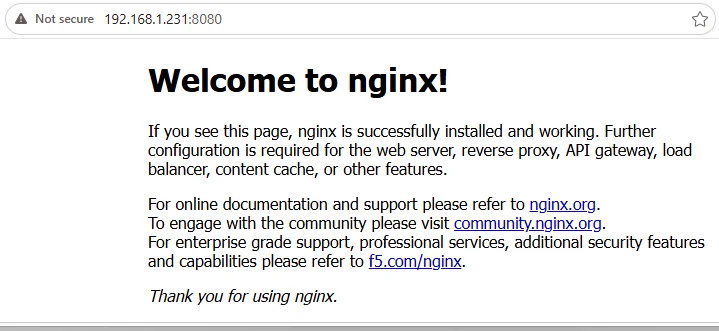 Windows 관리 PC의 웹 브라우저에서 Linux 서버의 192.168.1.231 주소와 8080번 포트로 접속하여 Nginx 기본 페이지를 확인한 화면