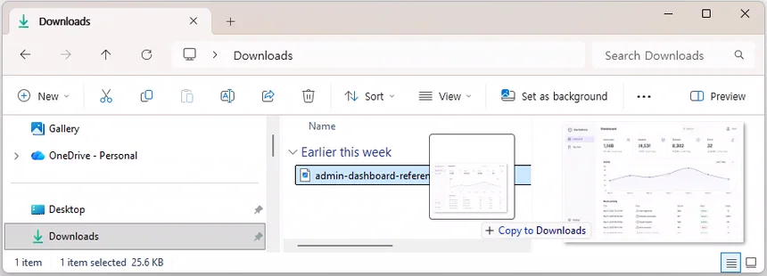 Windows 파일 탐색기의 Downloads 폴더에 admin-dashboard-reference-ui.webp 참고 목업을 내려받아 선택한 화면