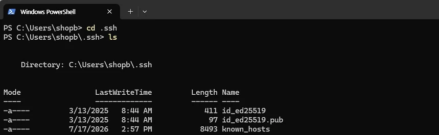 Windows PowerShell의 `.ssh` 폴더 목록에 `id_ed25519`와 `id_ed25519.pub` 두 파일이 함께 표시된 화면