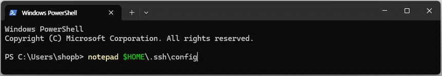 Windows PowerShell에서 notepad 명령과 HOME 환경 변수를 사용해 SSH config 파일을 여는 모습