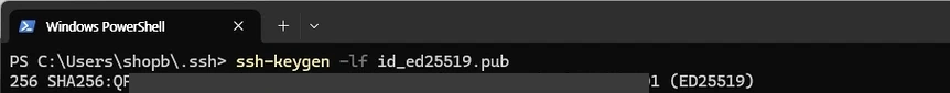 Windows PowerShell에서 `$HOME\.ssh\id_ed25519.pub` 경로로 `ssh-keygen -lf` 명령을 실행하여 Ed25519 공개 키 지문을 확인한 화면
