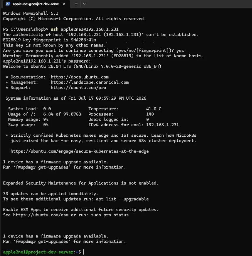 windows powershell ssh project dev server connected