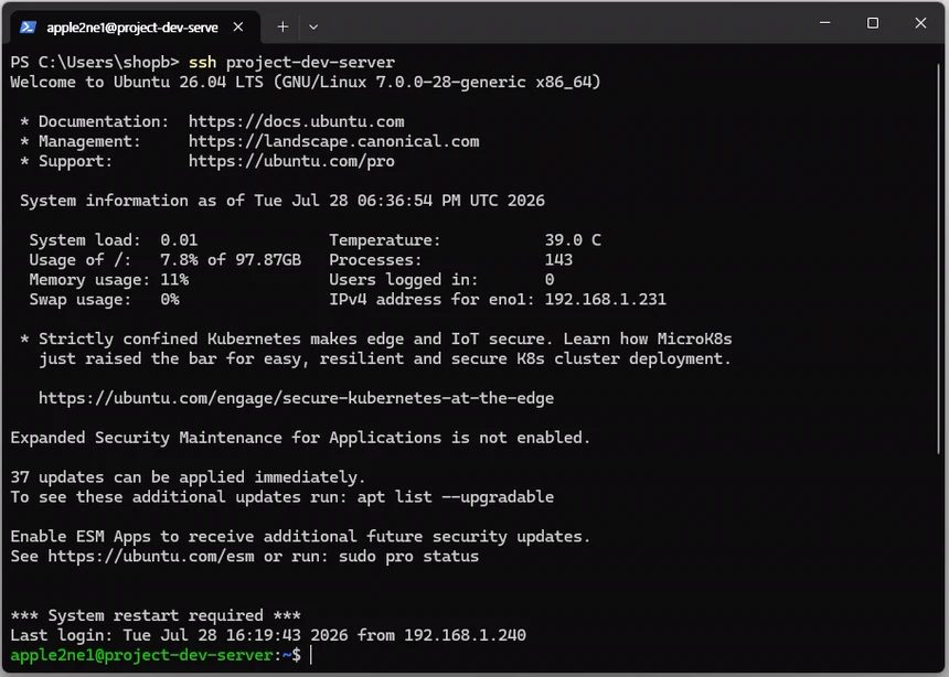Windows PowerShell에서 ssh project-dev-server 명령으로 Ubuntu Server에 별칭 접속하여 시스템 정보와 터미널 프롬프트를 확인한 결과