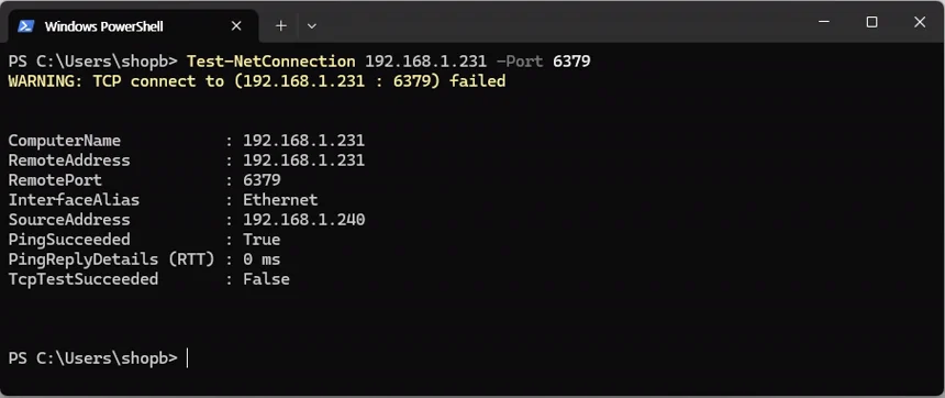 Windows 관리 PC에서 Redis 6379 포트가 외부에 공개되지 않았음을 확인한 PowerShell 화면