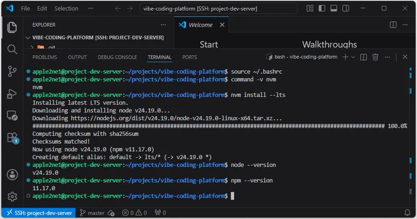 VS Code 원격 터미널에서 nvm으로 Node.js LTS를 설치하고 node와 npm 버전을 확인한 결과