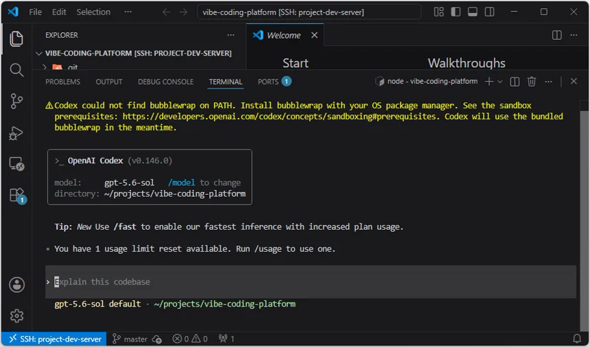 VS Code 원격 터미널에서 프로젝트 루트를 작업 폴더로 인식하고 실행된 Codex CLI 첫 화면