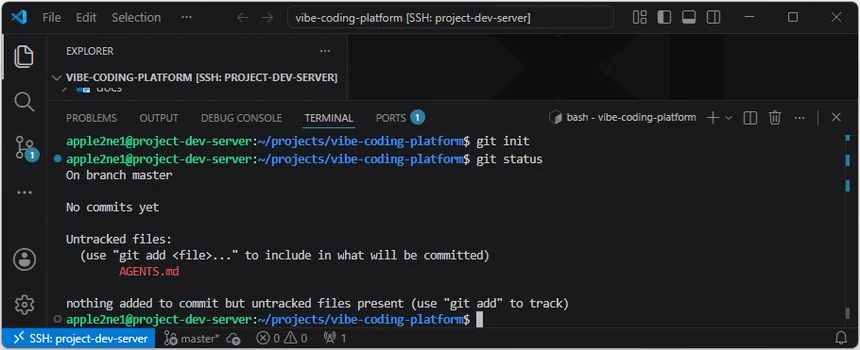 VS Code 원격 터미널에서 vibe-coding-platform 폴더를 Git 저장소로 초기화하고 git status로 추적되지 않은 AGENTS.md 파일을 확인한 결과