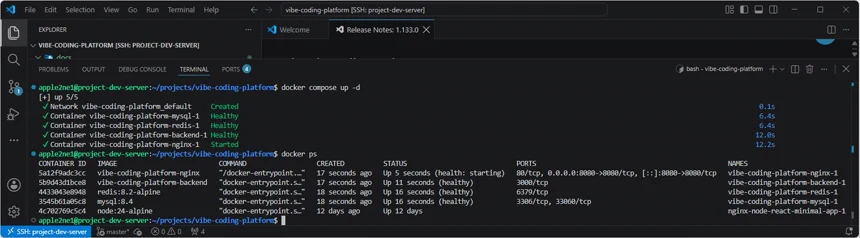 VS Code 원격 터미널에서 docker compose up 명령으로 서비스를 다시 시작하고 docker ps로 각 컨테이너의 실행 상태를 확인한 화면