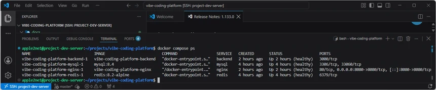 VS Code 원격 터미널에서 docker compose ps로 백엔드와 MySQL 및 Nginx와 Redis의 실행 상태와 공개 포트를 확인한 화면